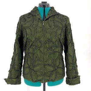 Samuel Dong Olive Green Textured Floral Print Zipper Front Jacket, Medium